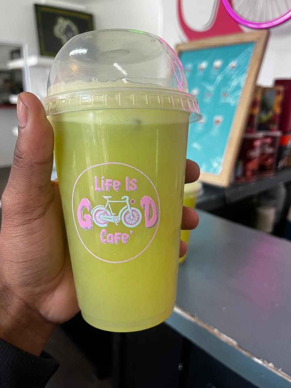 Green iced drink at Life Is Good Café
