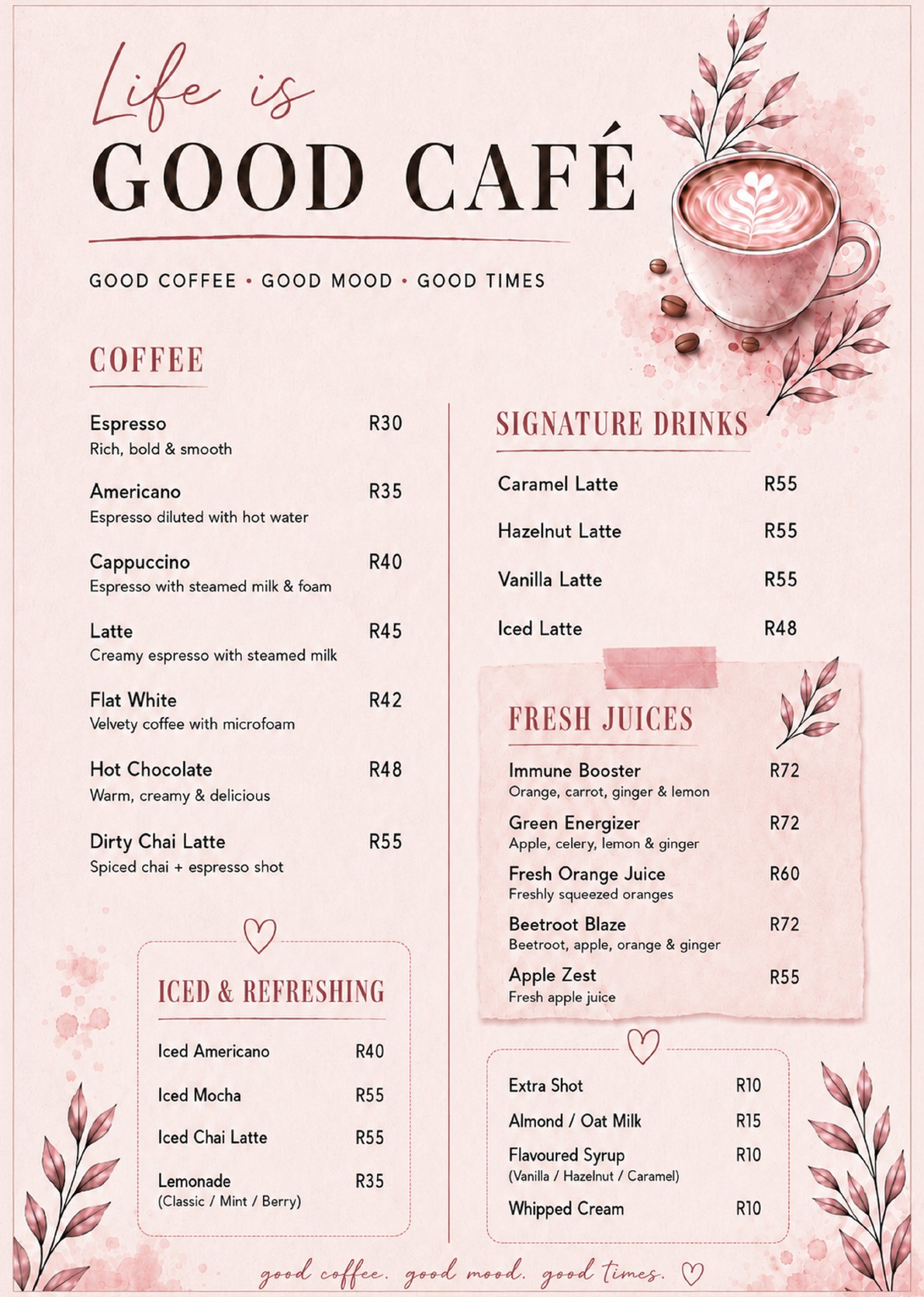 Life Is Good Café coffee and drinks menu page one