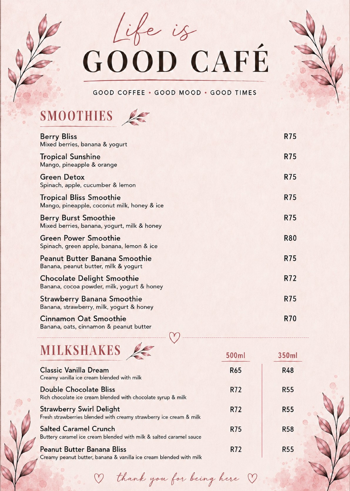 Life Is Good Café smoothies and milkshakes menu page two